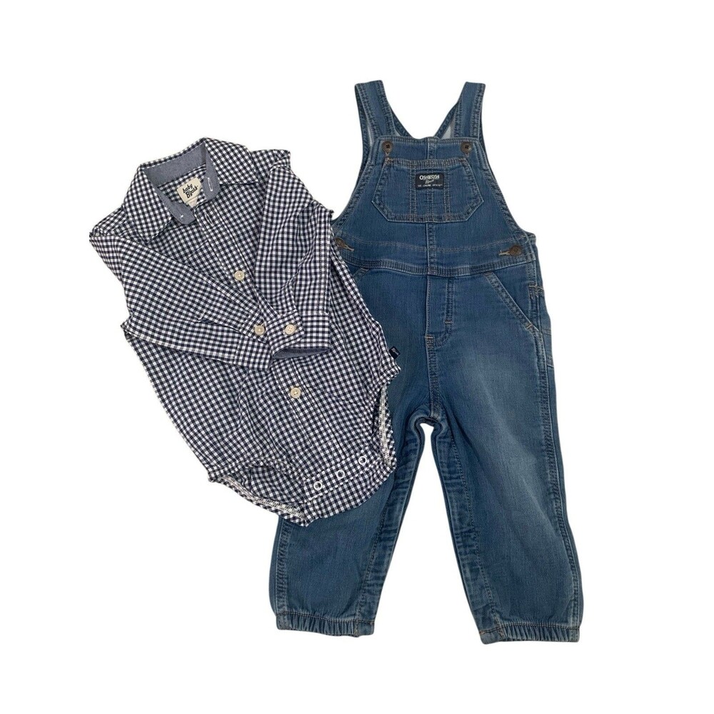 OshKosh B'gosh Denim Overalls & Gingham Bodysuit 2 Piece Set Toddler 18M